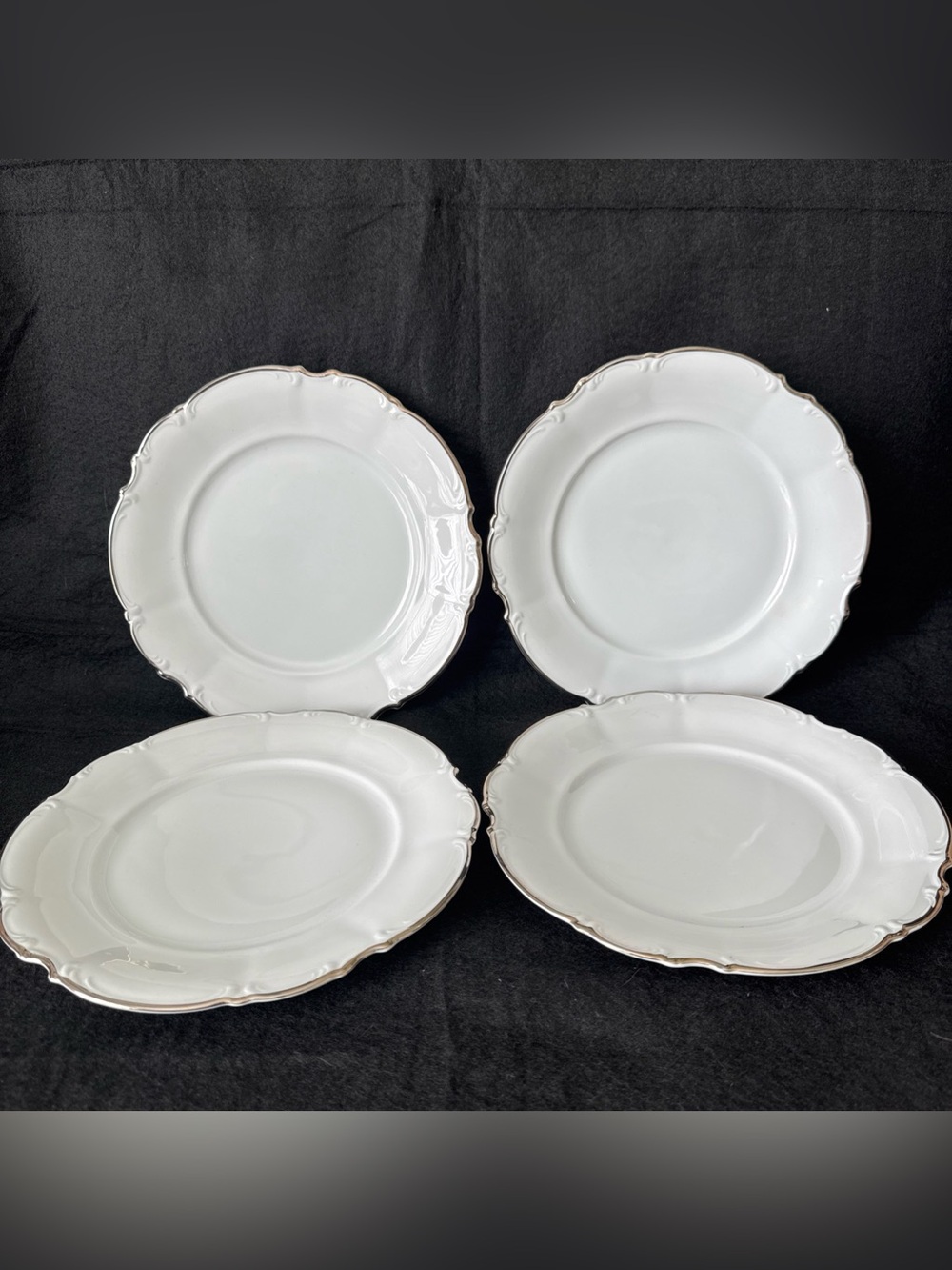 Saladmaster Estate Wedding Band 10" Dinner Plates Set of 4 White w/ Silver Band